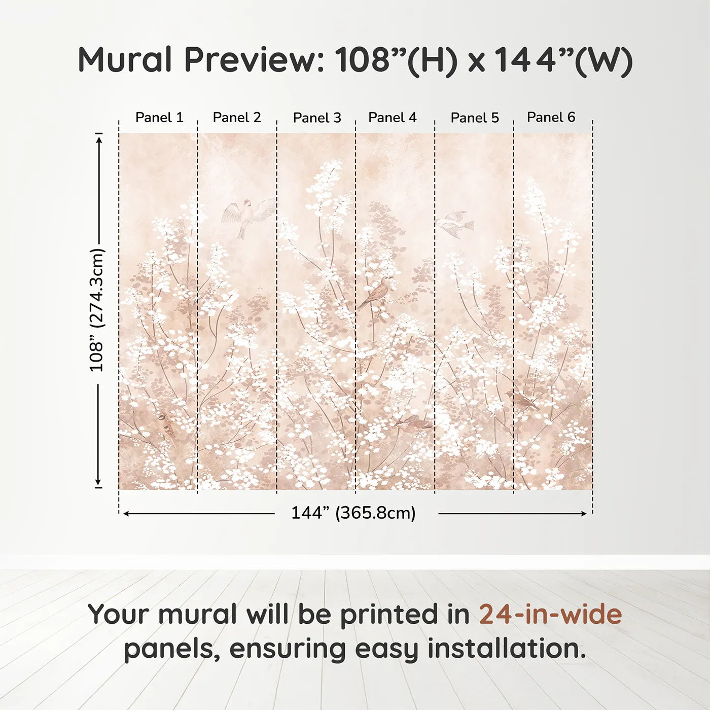 Whimsy Tots Sepia Blossom Meadow Wall Muraldimension view (108" H x 144" W). Printed in six 24-inch-wide panels. Gender-Neutral