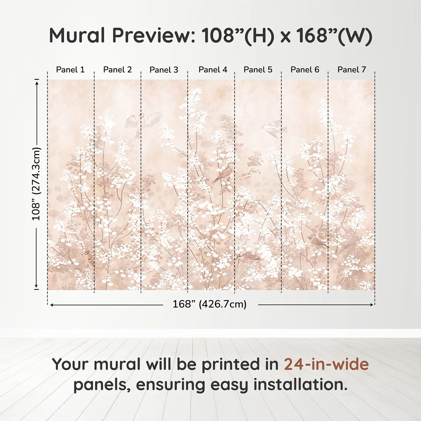 Whimsy Tots Sepia Blossom Meadow Wall Muraldimension view (108" H x 168" W). Printed in seven 24-inch-wide panels. Gender-Neutral