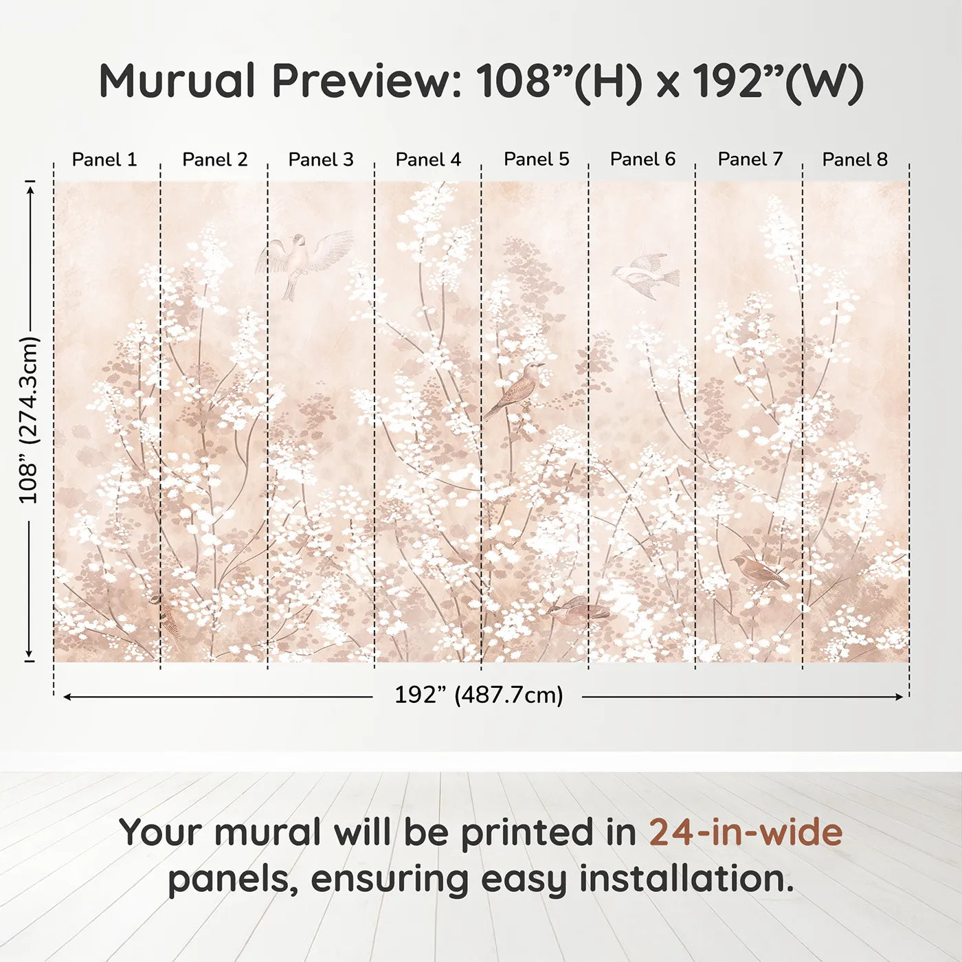 Whimsy Tots Sepia Blossom Meadow Wall Muraldimension view (108" H x 192" W). Printed in eight 24-inch-wide panels. Gender-Neutral