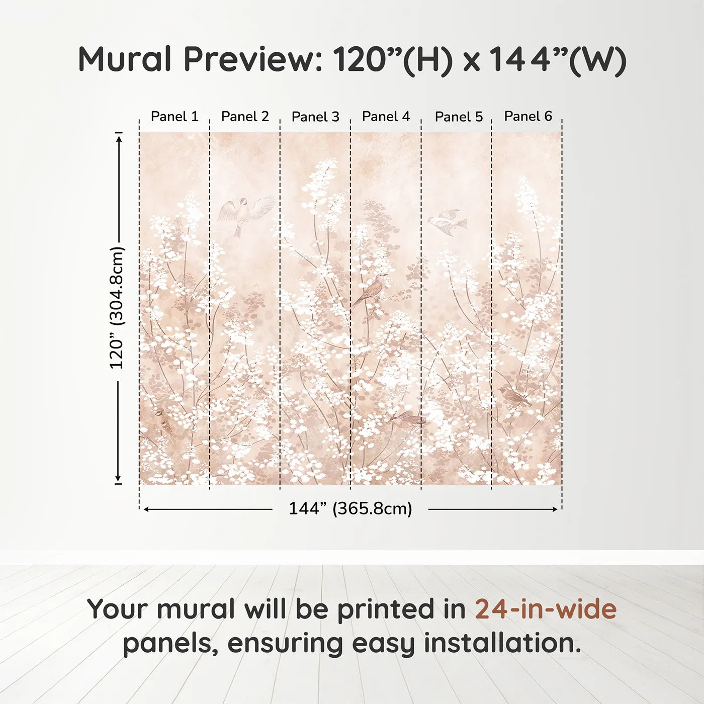 Whimsy Tots Sepia Blossom Meadow Wall Muraldimension view (120" H x 144" W). Printed in six 24-inch-wide panels. Gender-Neutral