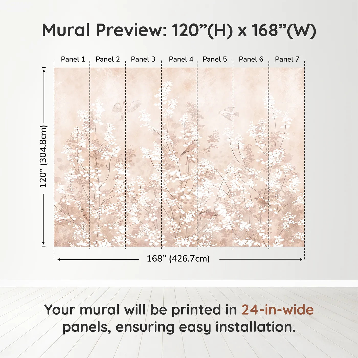 Whimsy Tots Sepia Blossom Meadow Wall Muraldimension view (120" H x 168" W). Printed in seven 24-inch-wide panels. Gender-Neutral