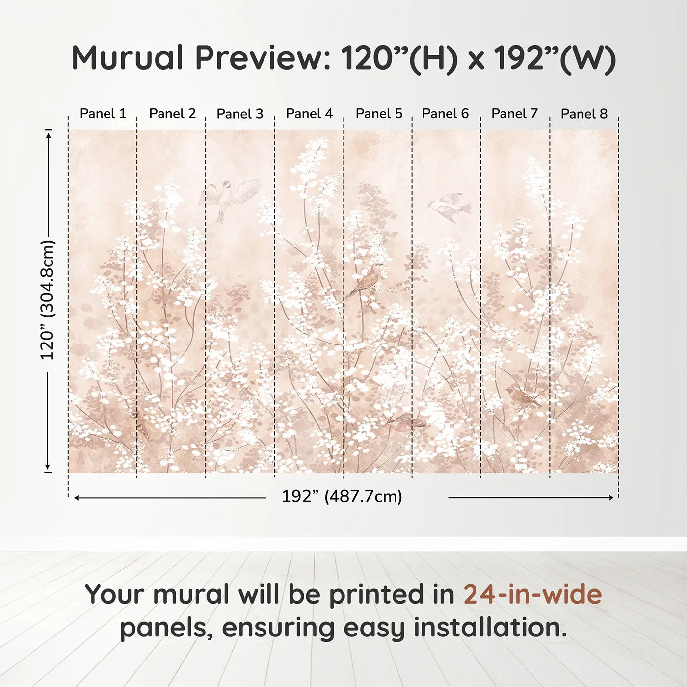 Whimsy Tots Sepia Blossom Meadow Wall Muraldimension view (120" H x 192" W). Printed in eight 24-inch-wide panels. Gender-Neutral