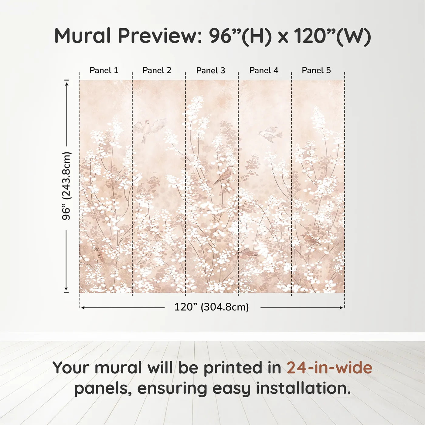 Whimsy Tots Sepia Blossom Meadow Wall Muraldimension view (96" H x 120" W). Printed in five 24-inch-wide panels. Gender-Neutral