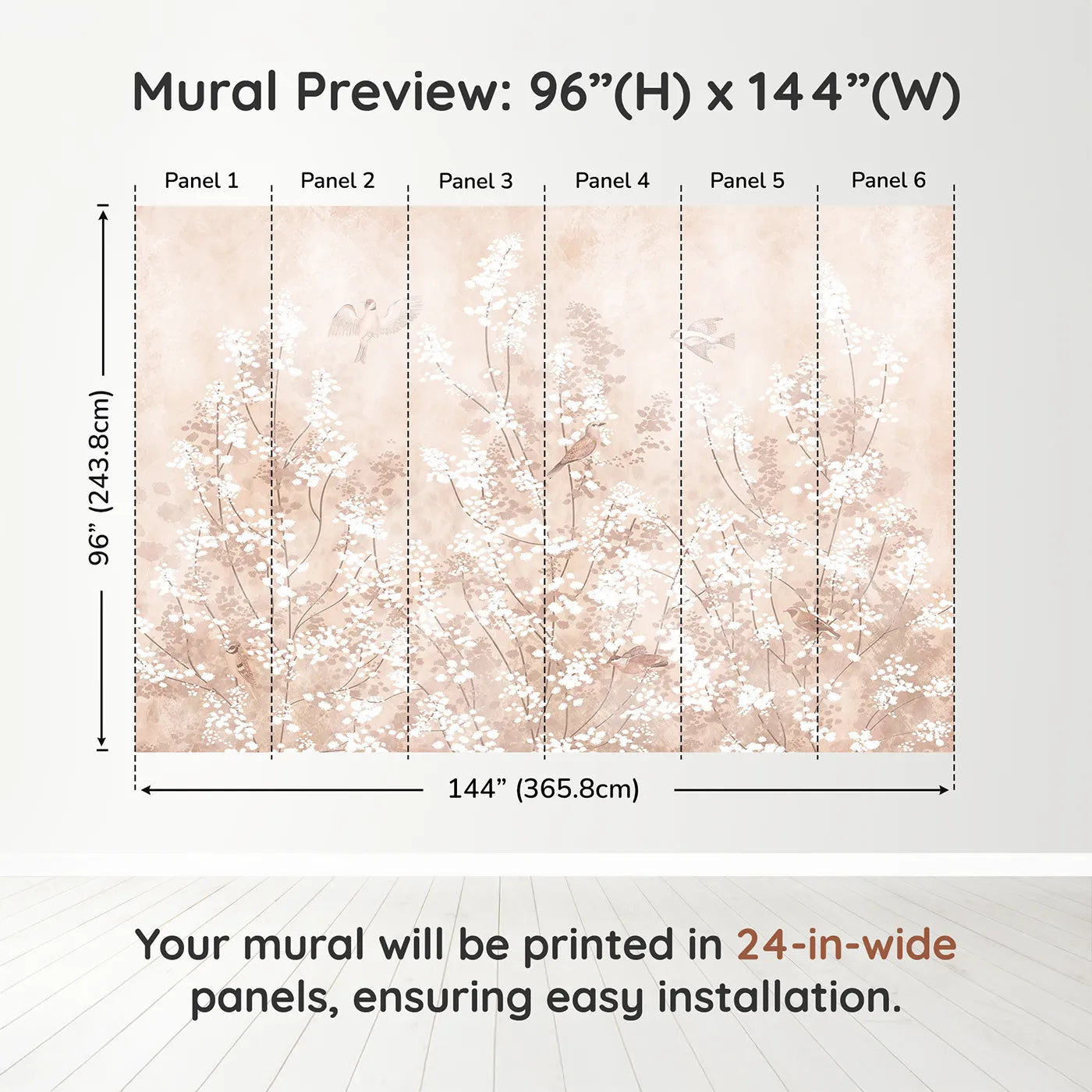 Whimsy Tots Sepia Blossom Meadow Wall Muraldimension view (96" H x 144" W). Printed in six 24-inch-wide panels. Gender-Neutral
