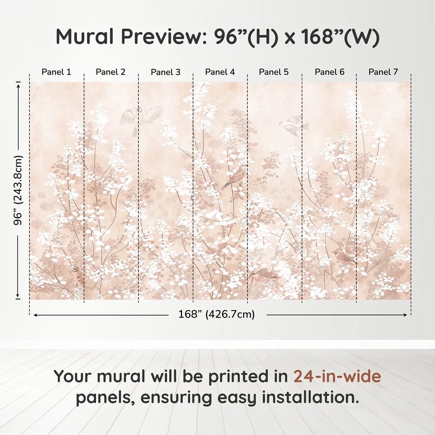 Whimsy Tots Sepia Blossom Meadow Wall Muraldimension view (96" H x 168" W). Printed in seven 24-inch-wide panels. Gender-Neutral