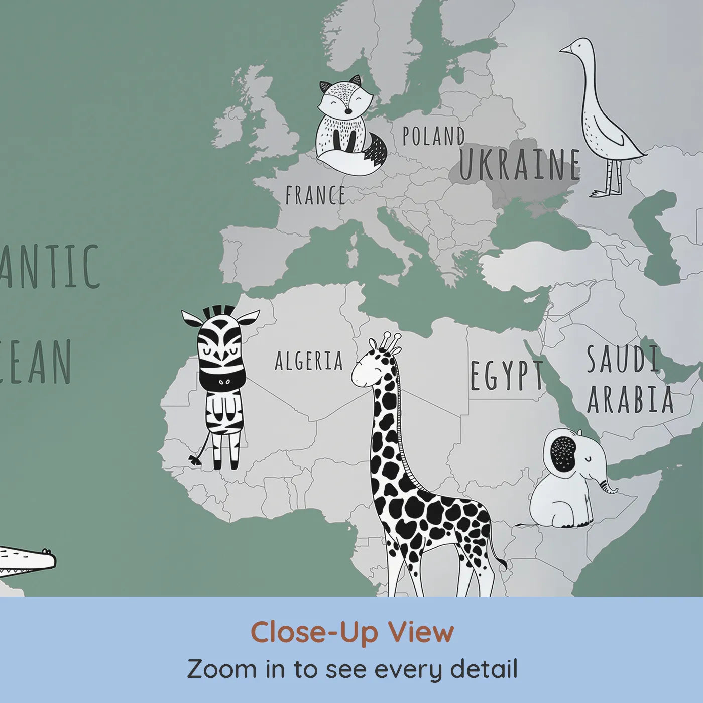 Close-up view of Whimsy Tots' Monochrome Animal World Map Wall Mural in Green (Turn Their Room into a Stylish Global Safari).Gender-Neutral