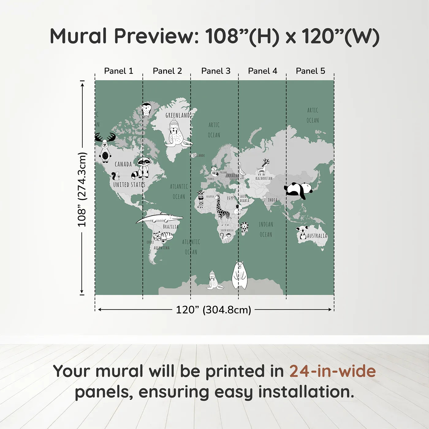 Whimsy Tots Monochrome Animal World Map Wall Mural in Greendimension view (108" H x 120" W). Printed in five 24-inch-wide panels. Gender-Neutral