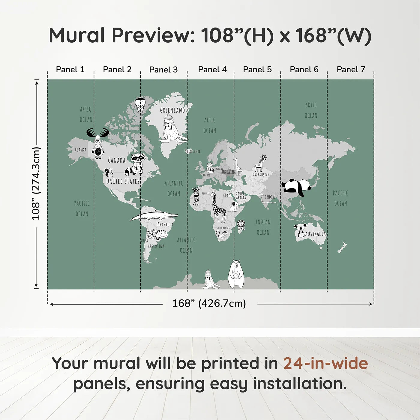 Whimsy Tots Monochrome Animal World Map Wall Mural in Greendimension view (108" H x 168" W). Printed in seven 24-inch-wide panels. Gender-Neutral