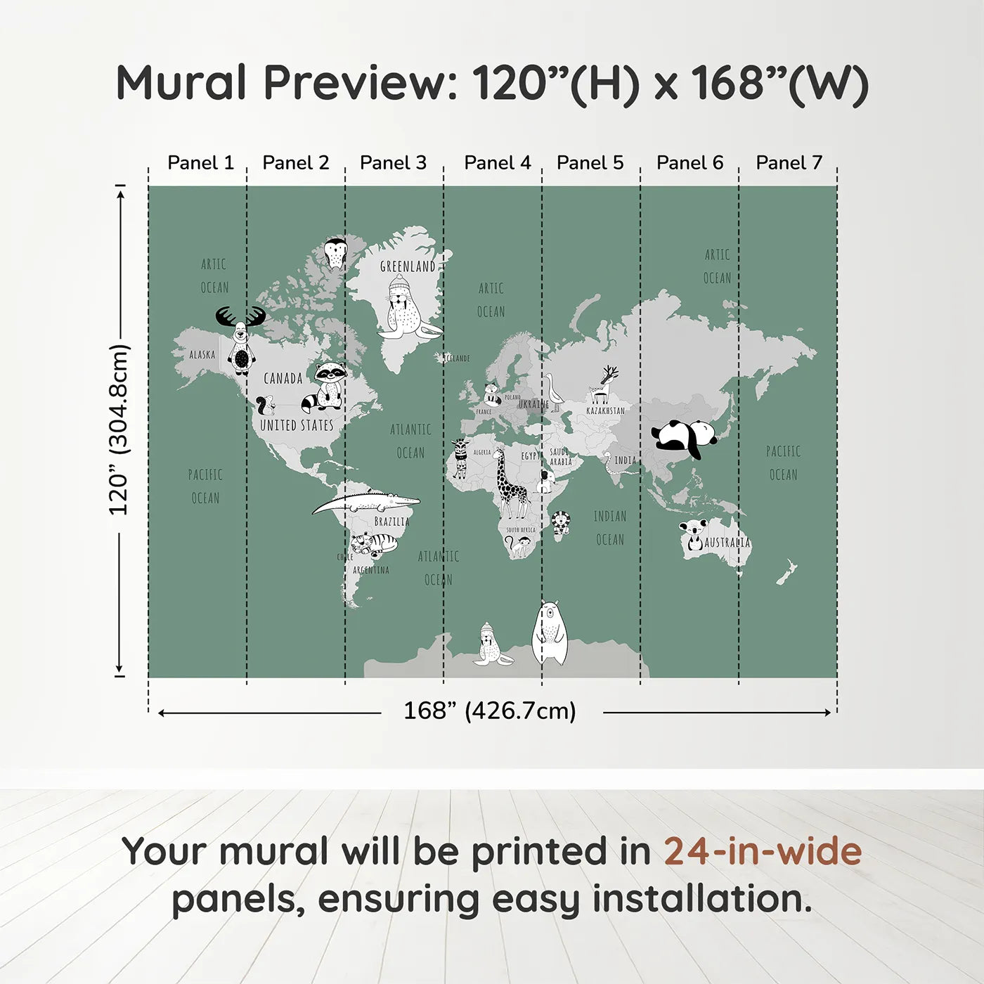 Whimsy Tots Monochrome Animal World Map Wall Mural in Greendimension view (120" H x 168" W). Printed in seven 24-inch-wide panels. Gender-Neutral