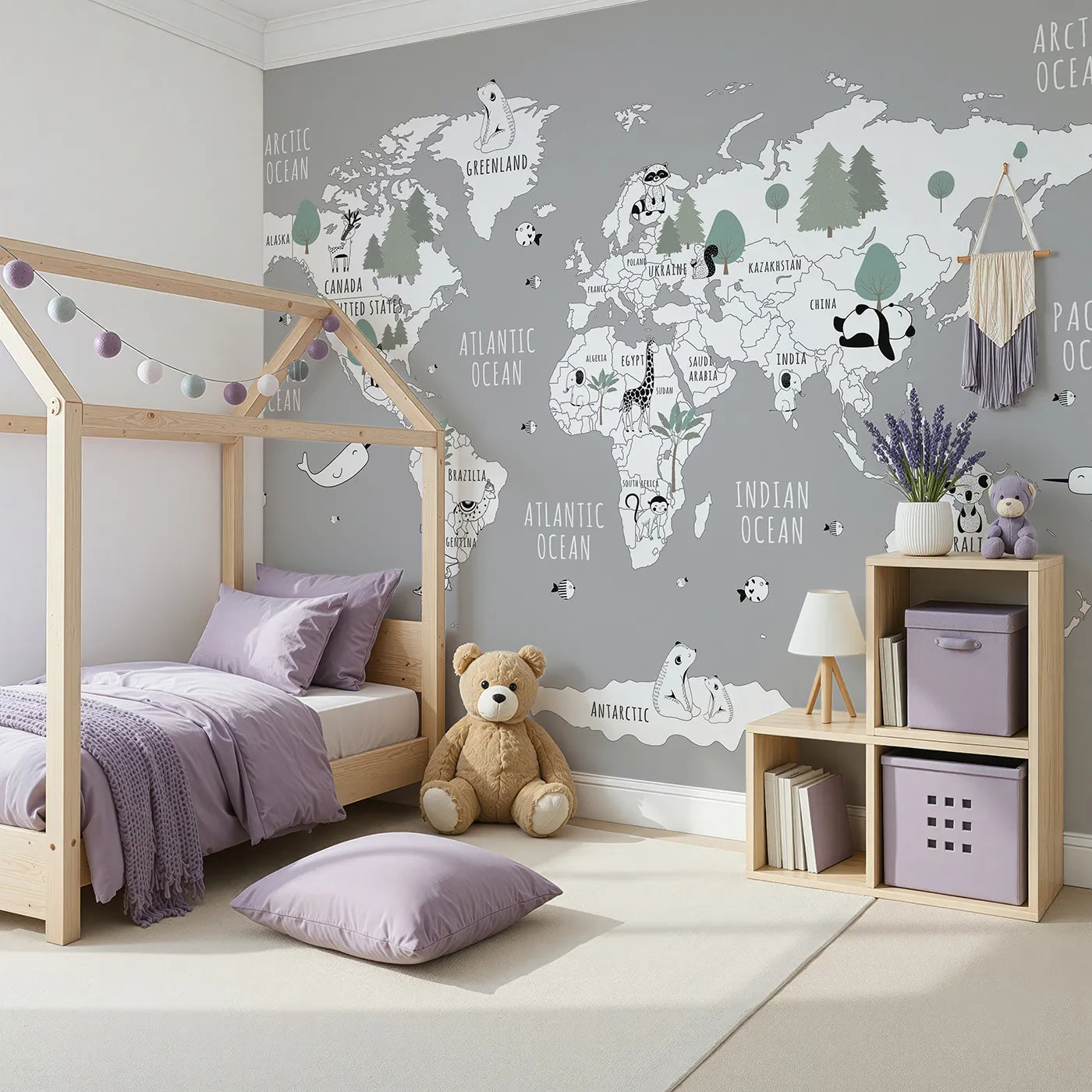 Angled view of Whimsy Tots' Monochrome Animal World Map Wall Mural in Gray (Turn Their Room into a Stylish Global Safari).Gender-Neutral