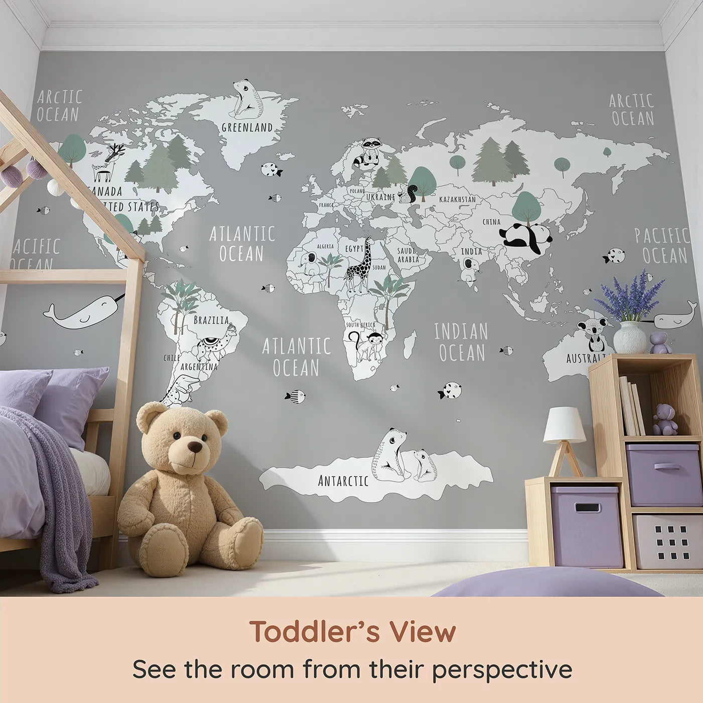 Whimsy Tots Monochrome Animal World Map Wall Mural in Gray (Turn Their Room into a Stylish Global Safari) from your child's view.Gender-Neutral