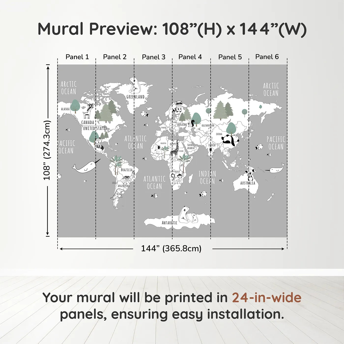 Whimsy Tots Monochrome Animal World Map Wall Mural in Graydimension view (108" H x 144" W). Printed in six 24-inch-wide panels. Gender-Neutral