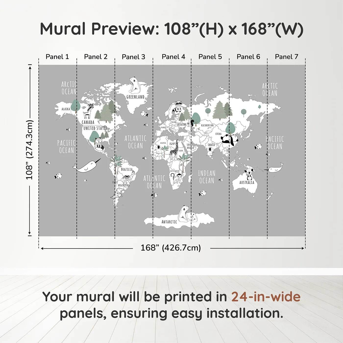 Whimsy Tots Monochrome Animal World Map Wall Mural in Graydimension view (108" H x 168" W). Printed in seven 24-inch-wide panels. Gender-Neutral