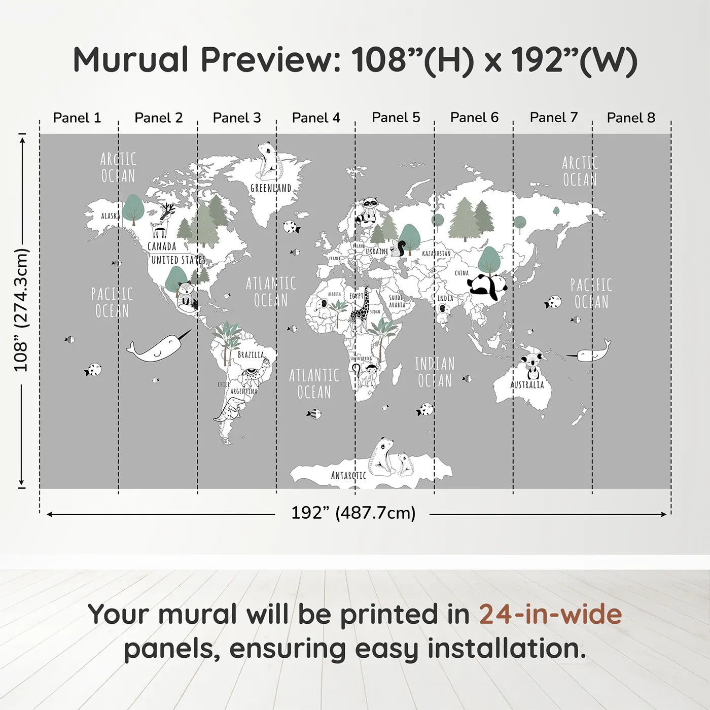 Whimsy Tots Monochrome Animal World Map Wall Mural in Graydimension view (108" H x 192" W). Printed in eight 24-inch-wide panels. Gender-Neutral
