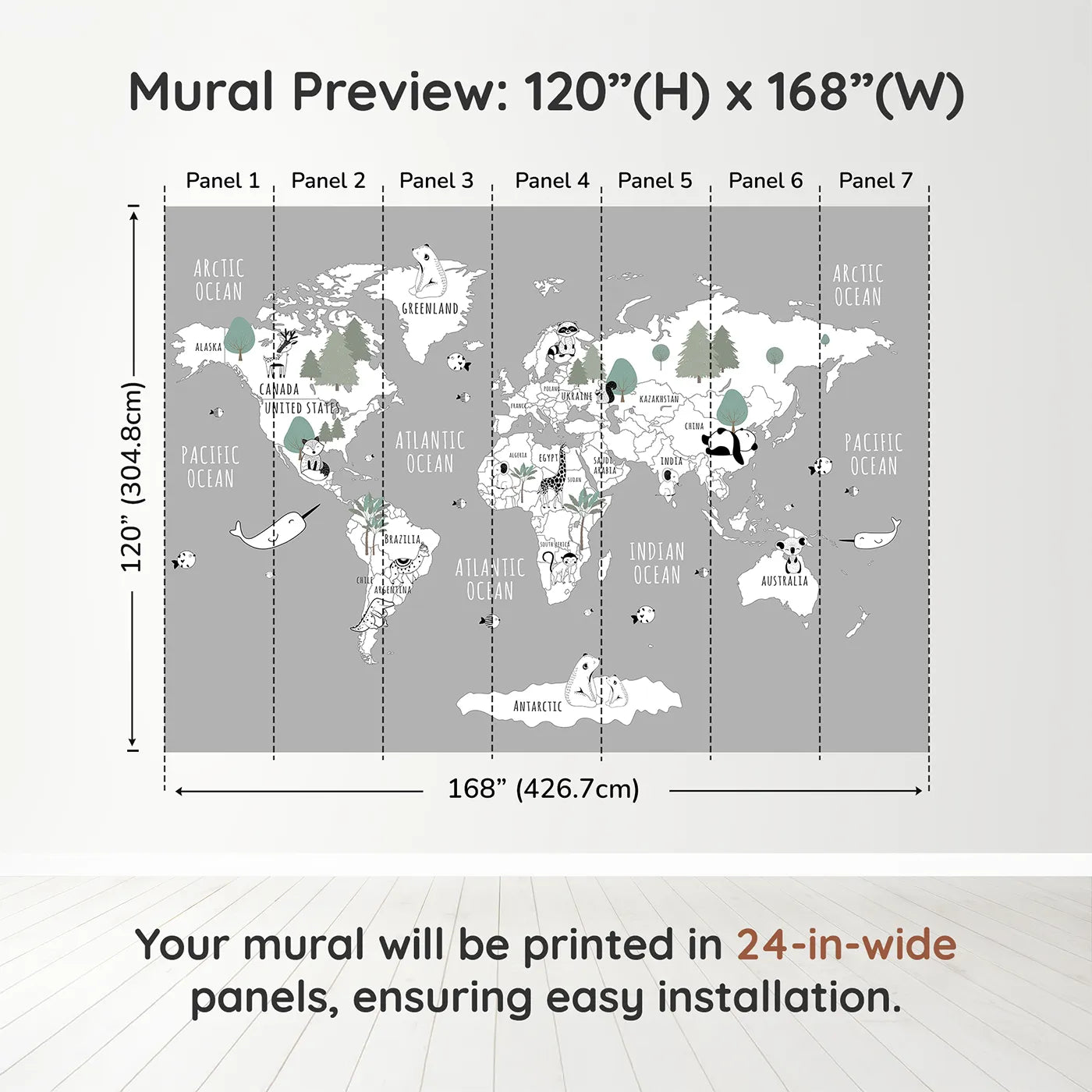 Whimsy Tots Monochrome Animal World Map Wall Mural in Graydimension view (120" H x 168" W). Printed in seven 24-inch-wide panels. Gender-Neutral