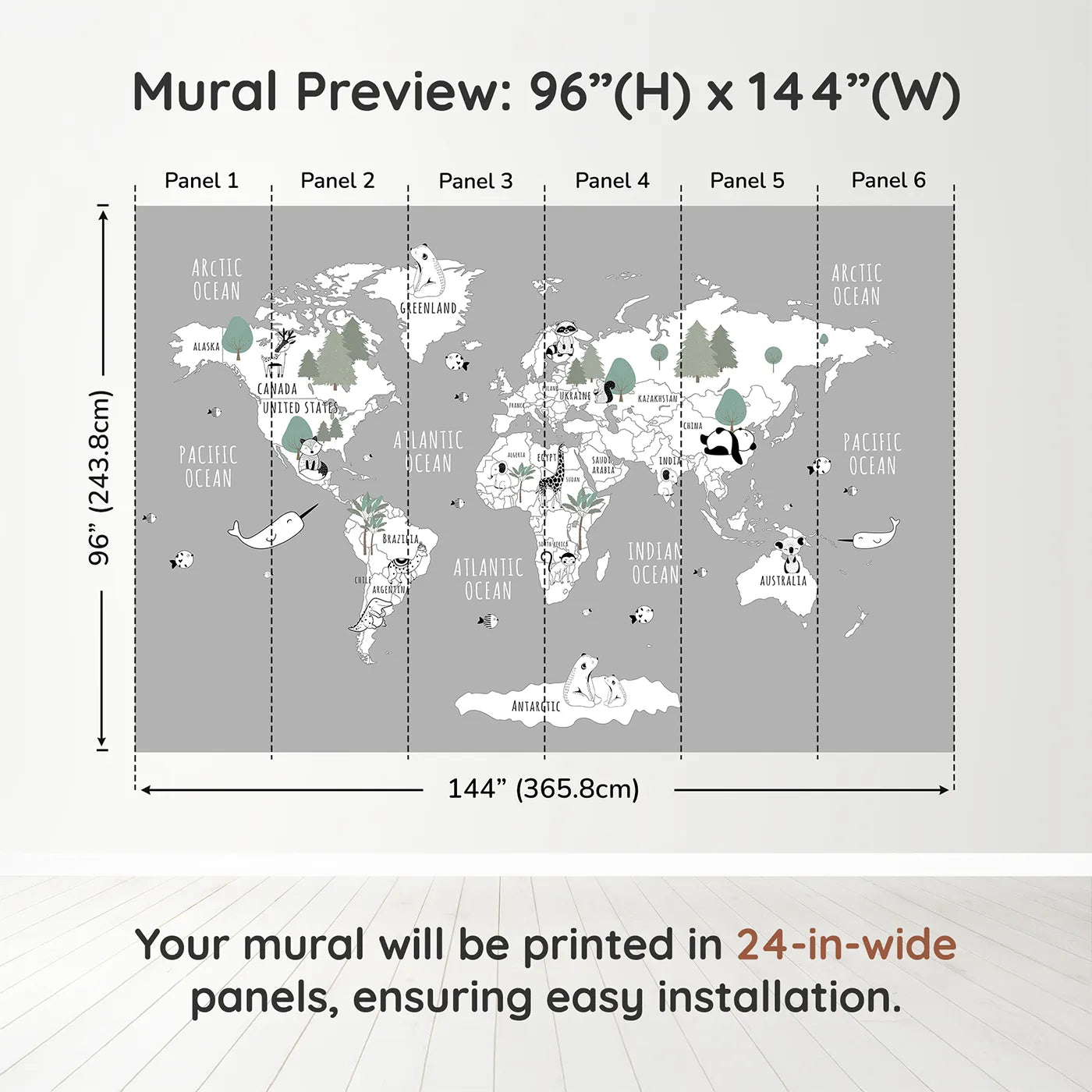 Whimsy Tots Monochrome Animal World Map Wall Mural in Graydimension view (96" H x 144" W). Printed in six 24-inch-wide panels. Gender-Neutral