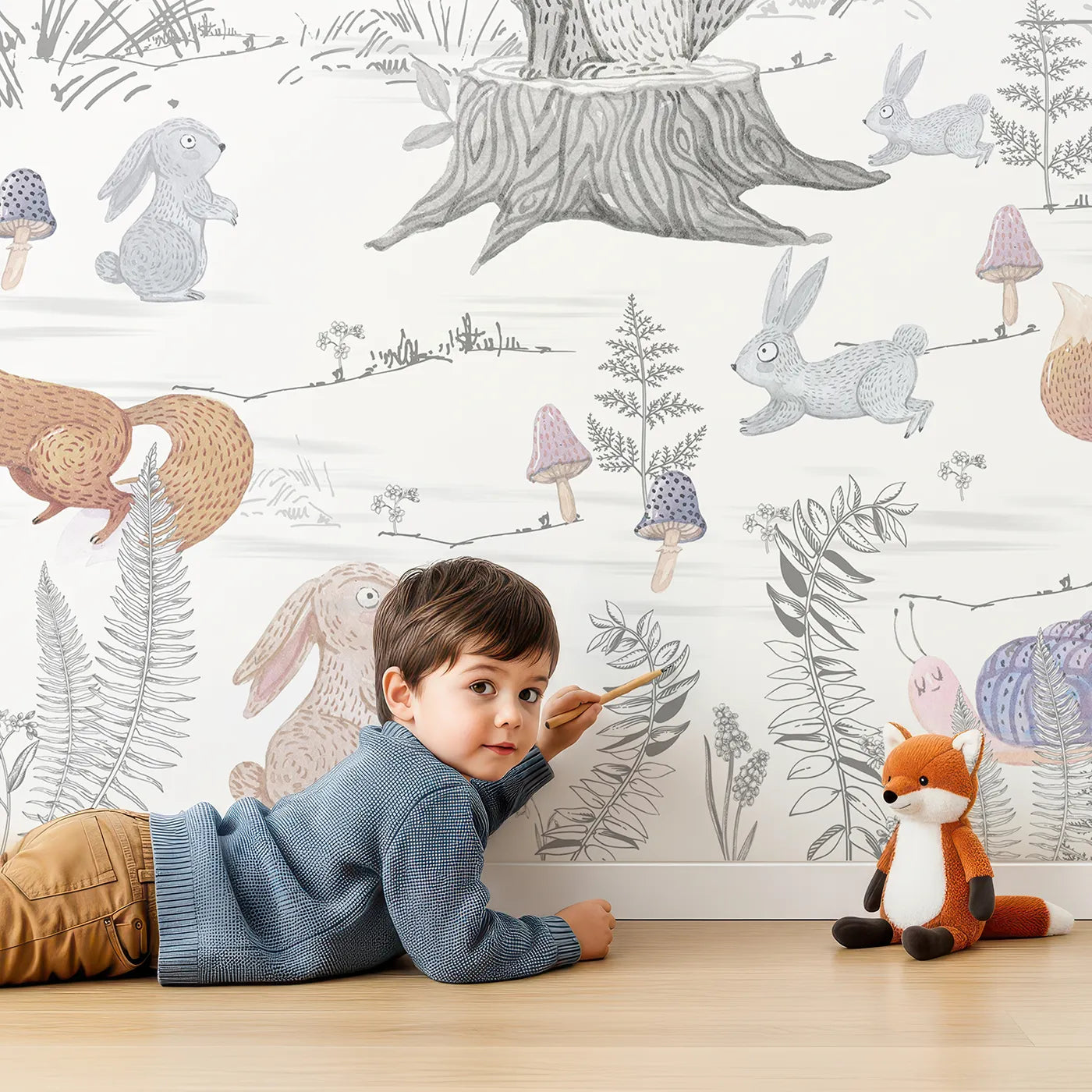 Child in front of Whimsy Tots Folksy Woodland Gathering Wall Mural with woodland, animal, forest, drawing, sketch, bear, fox, cute in design.