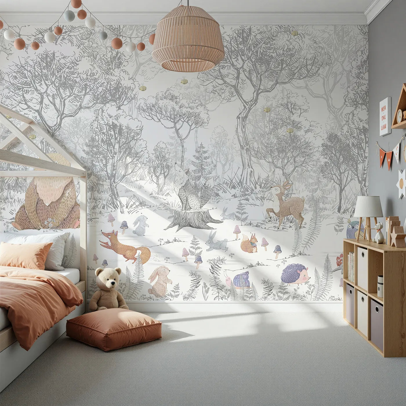 Front view of Whimsy Tots' Folksy Woodland Gathering Wall Mural