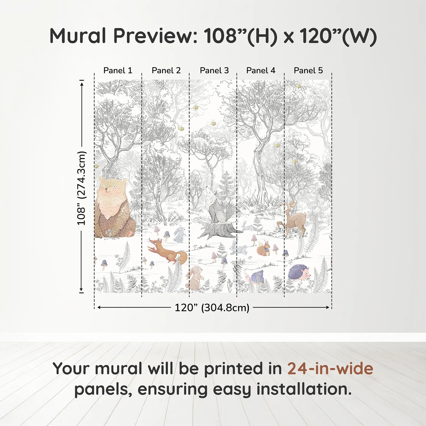 Whimsy Tots Folksy Woodland Gathering Wall Muraldimension view (108" H x 120" W). Printed in five 24-inch-wide panels. Gender-Neutral