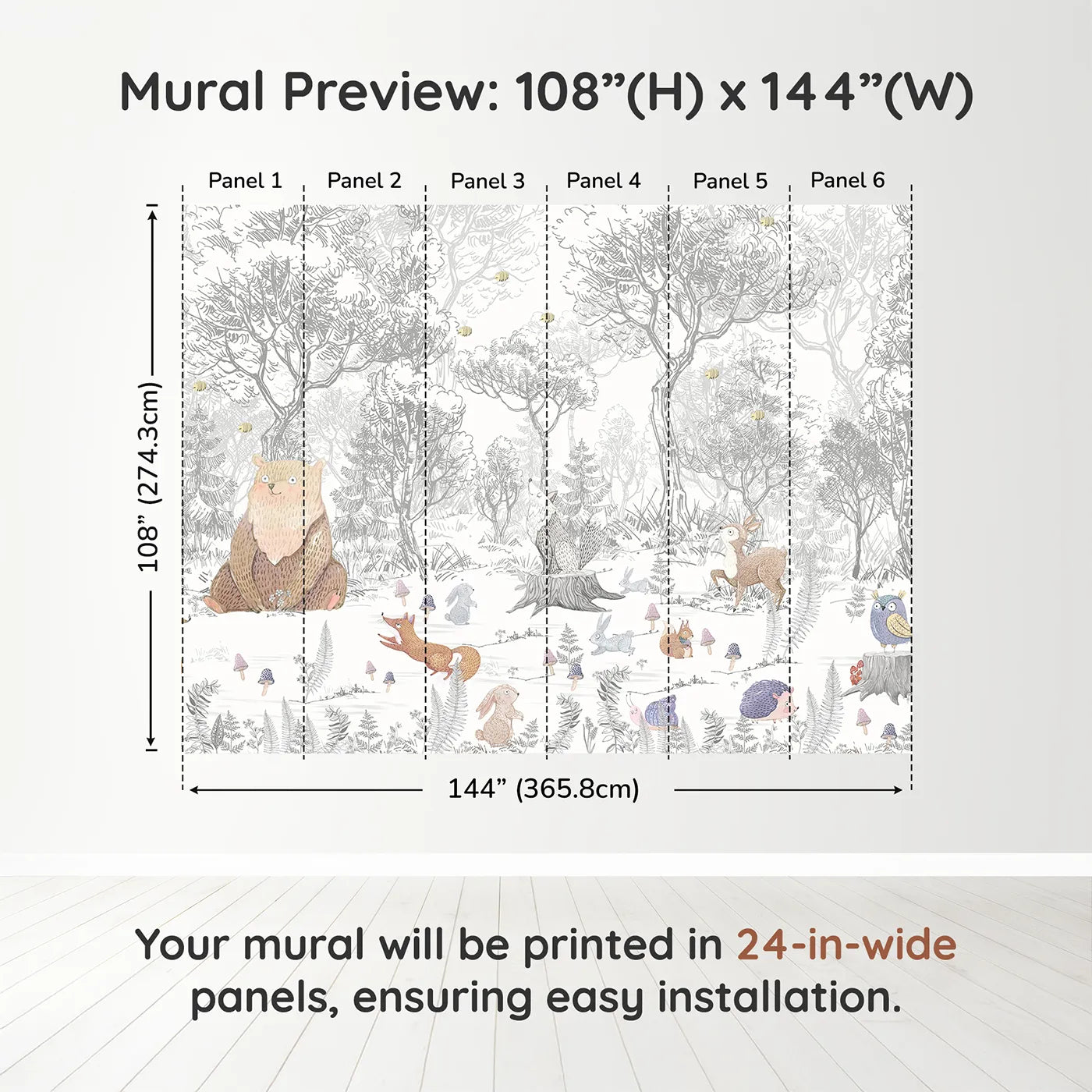 Whimsy Tots Folksy Woodland Gathering Wall Muraldimension view (108" H x 144" W). Printed in six 24-inch-wide panels. Gender-Neutral