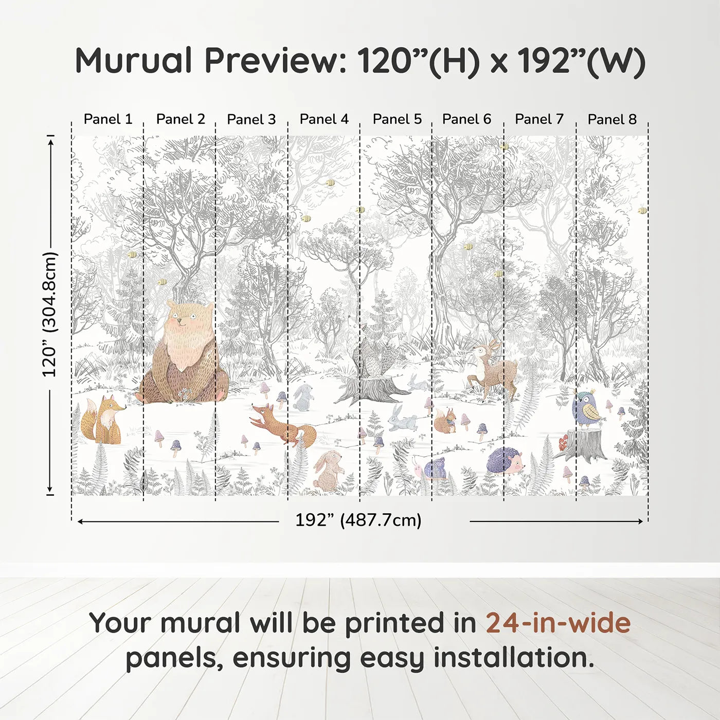 Whimsy Tots Folksy Woodland Gathering Wall Muraldimension view (120" H x 192" W). Printed in eight 24-inch-wide panels. Gender-Neutral