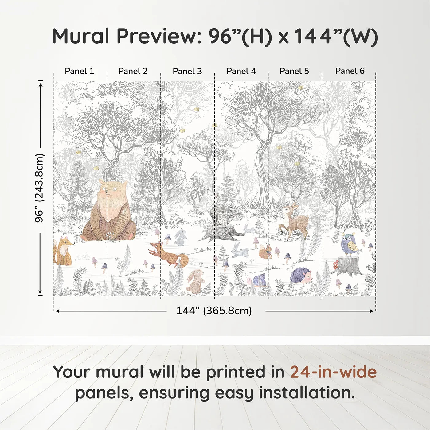 Whimsy Tots Folksy Woodland Gathering Wall Muraldimension view (96" H x 144" W). Printed in six 24-inch-wide panels. Gender-Neutral