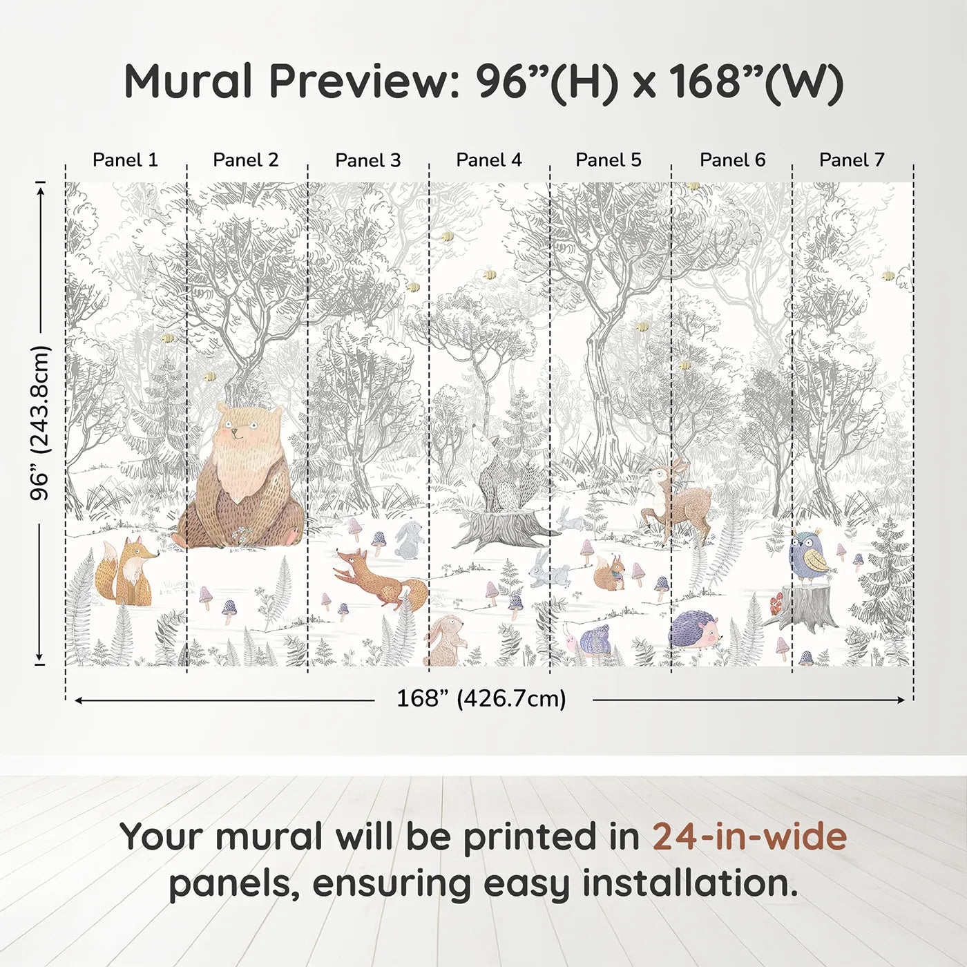 Whimsy Tots Folksy Woodland Gathering Wall Muraldimension view (96" H x 168" W). Printed in seven 24-inch-wide panels. Gender-Neutral