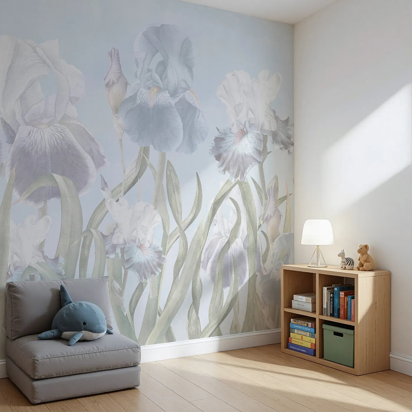 Angled view of Whimsy Tots' Pastel Iris Garden Wall Mural (Turn Their Room into a Dreamy, Painted Flower Field).Gender-Neutral