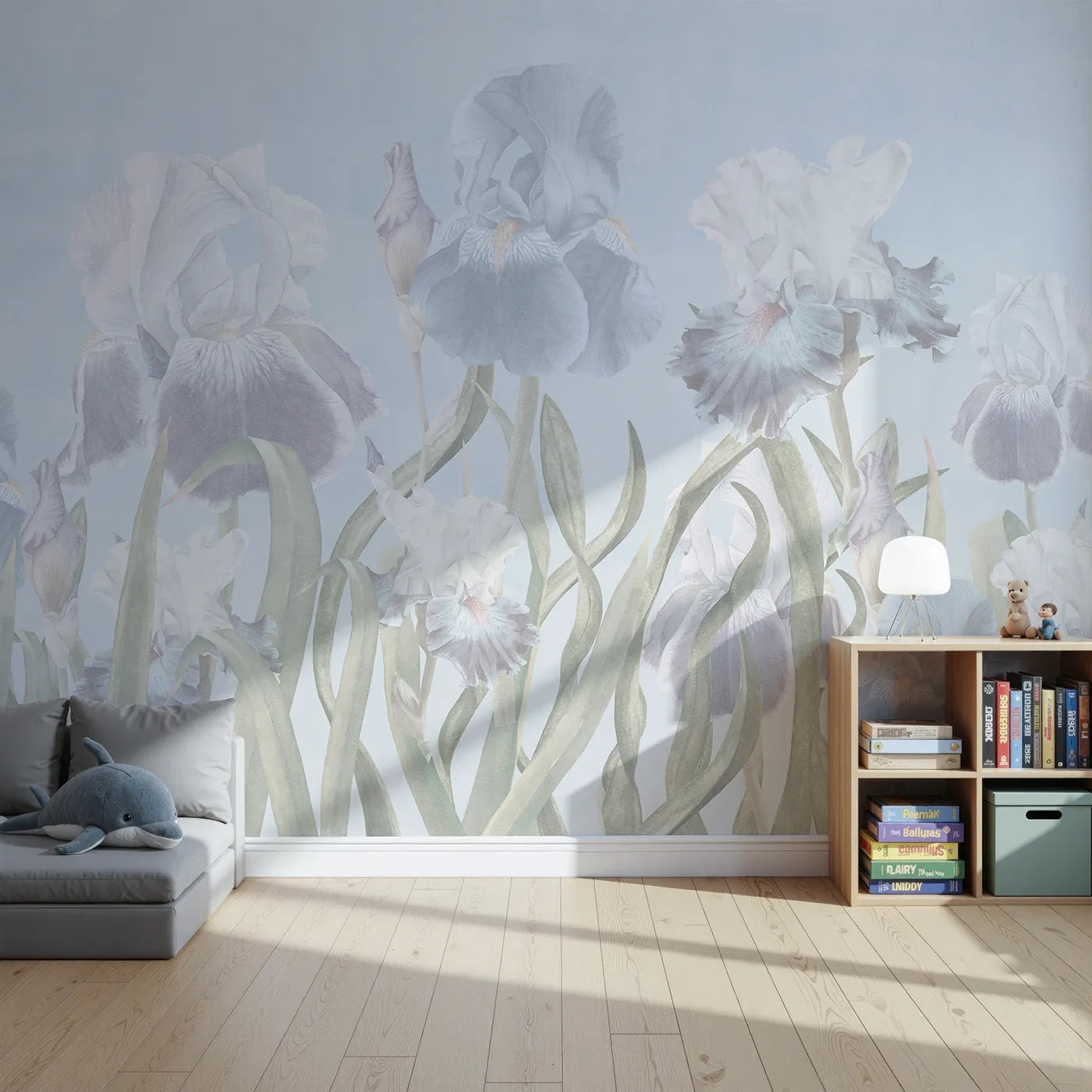 Front view of Whimsy Tots' Pastel Iris Garden Wall Mural