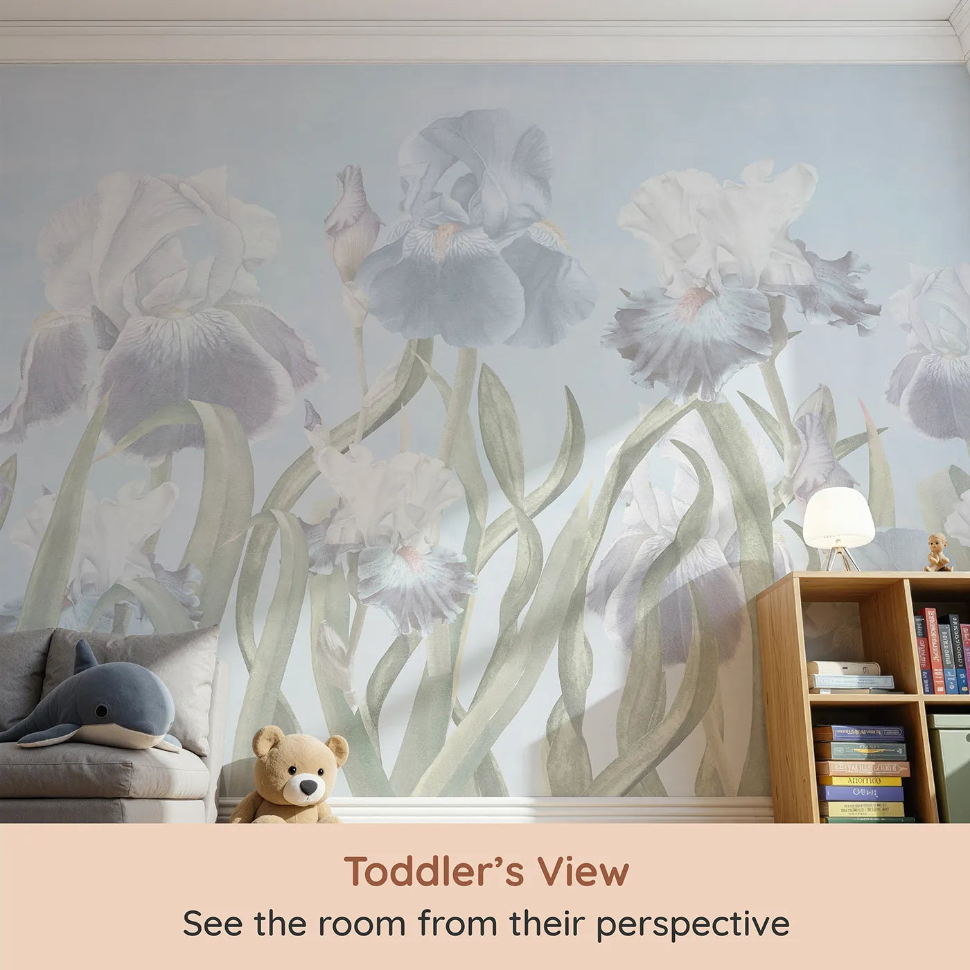 Whimsy Tots Pastel Iris Garden Wall Mural (Turn Their Room into a Dreamy, Painted Flower Field) from your child's view.Gender-Neutral