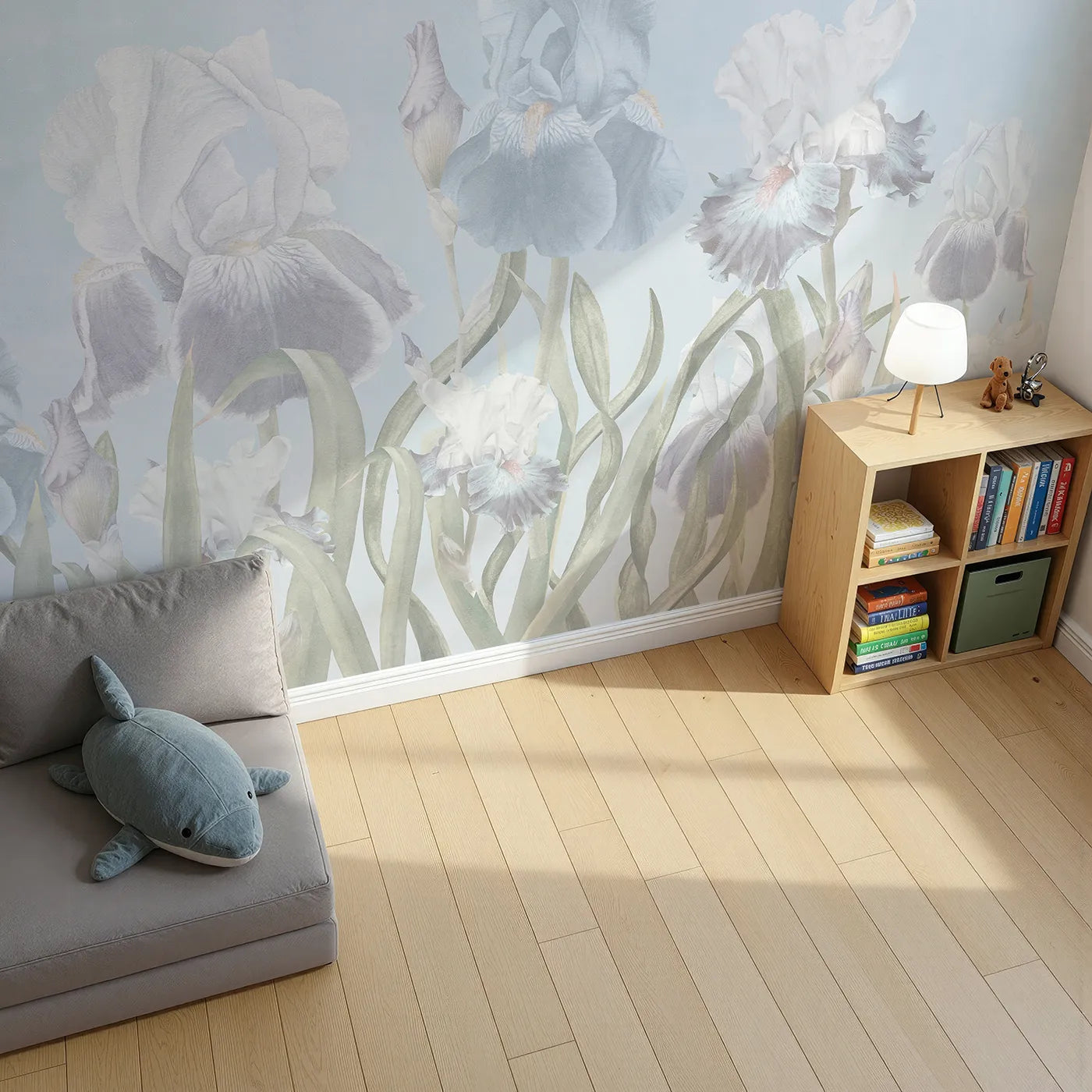 Top-down view of Whimsy Tots' Pastel Iris Garden Wall Mural (Turn Their Room into a Dreamy, Painted Flower Field).Gender-Neutral