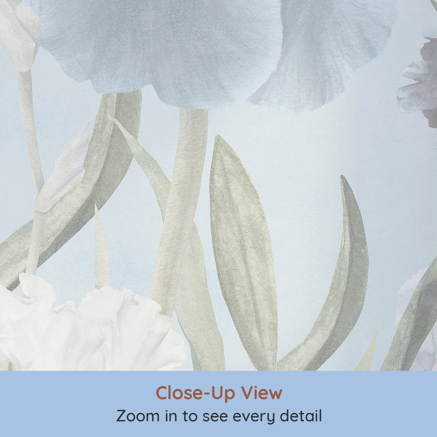 Close-up view of Whimsy Tots' Pastel Iris Garden Wall Mural (Turn Their Room into a Dreamy, Painted Flower Field).Gender-Neutral