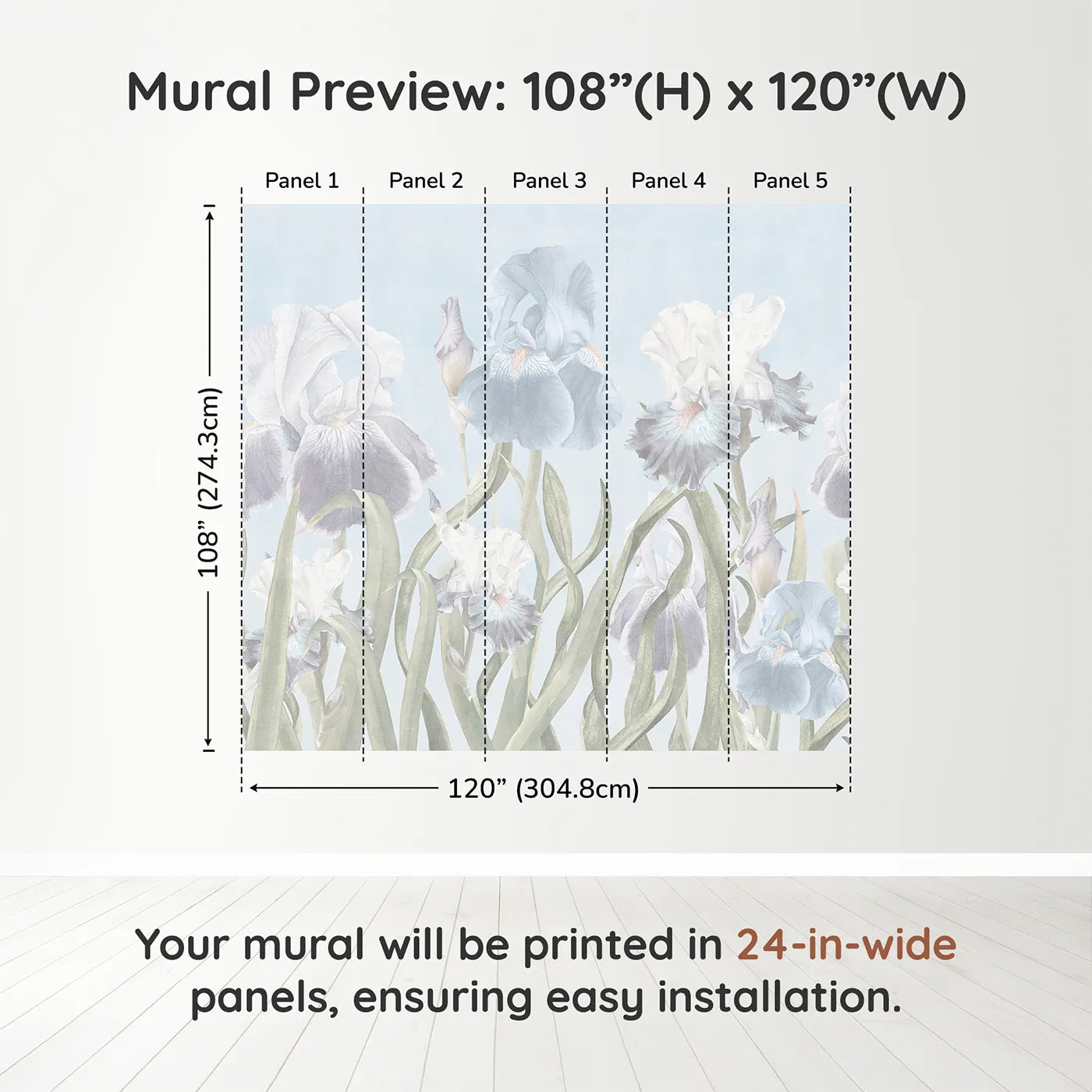 Whimsy Tots Pastel Iris Garden Wall Muraldimension view (108" H x 120" W). Printed in five 24-inch-wide panels. Gender-Neutral