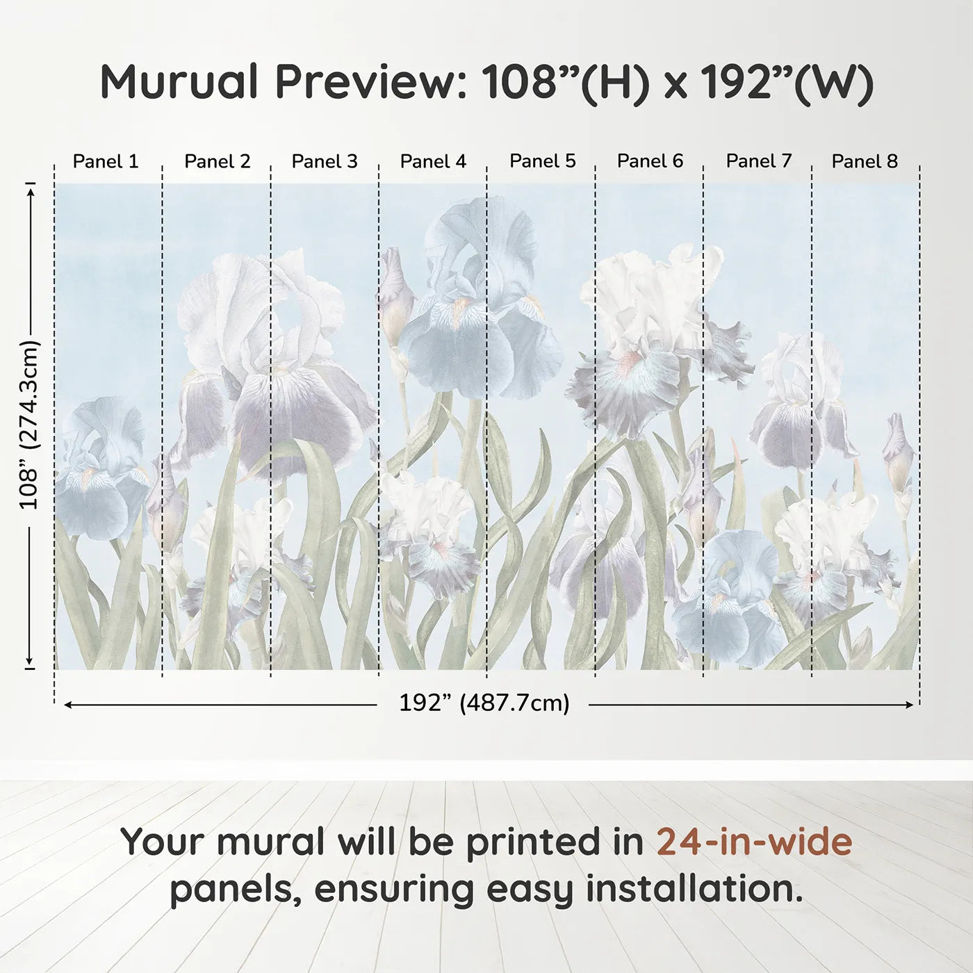 Whimsy Tots Pastel Iris Garden Wall Muraldimension view (108" H x 192" W). Printed in eight 24-inch-wide panels. Gender-Neutral