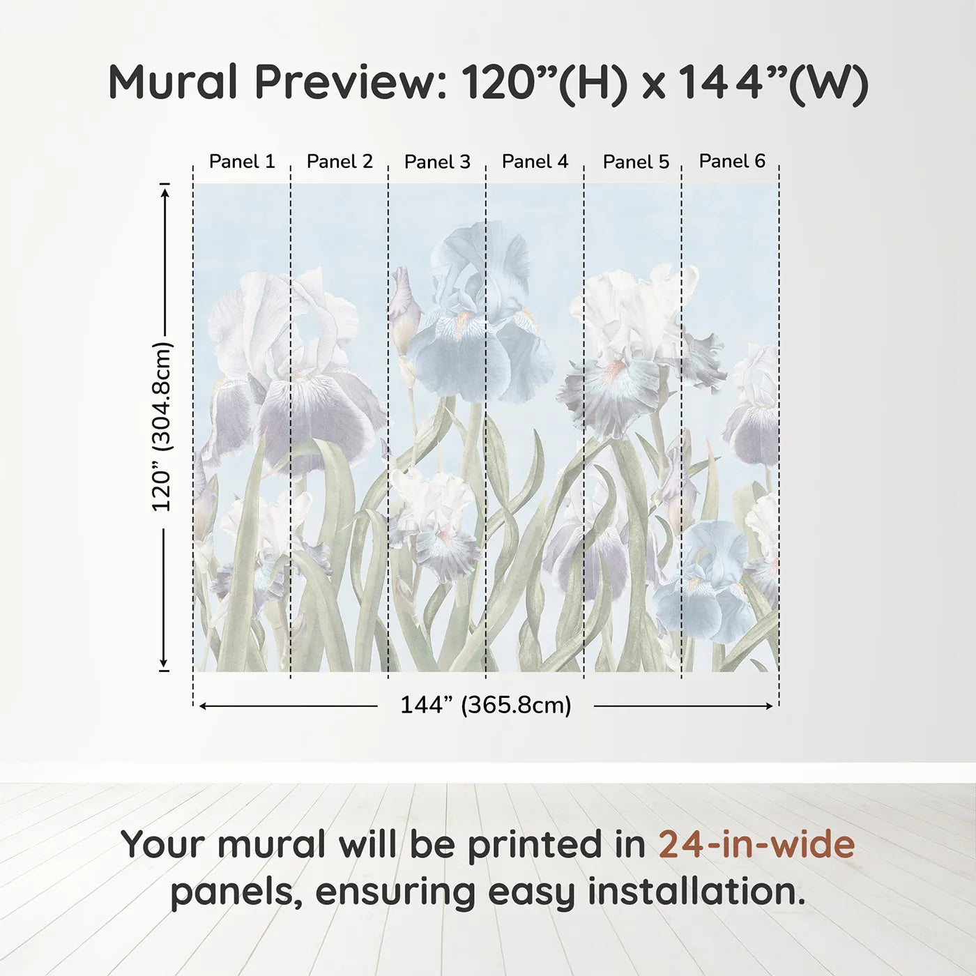 Whimsy Tots Pastel Iris Garden Wall Muraldimension view (120" H x 144" W). Printed in six 24-inch-wide panels. Gender-Neutral