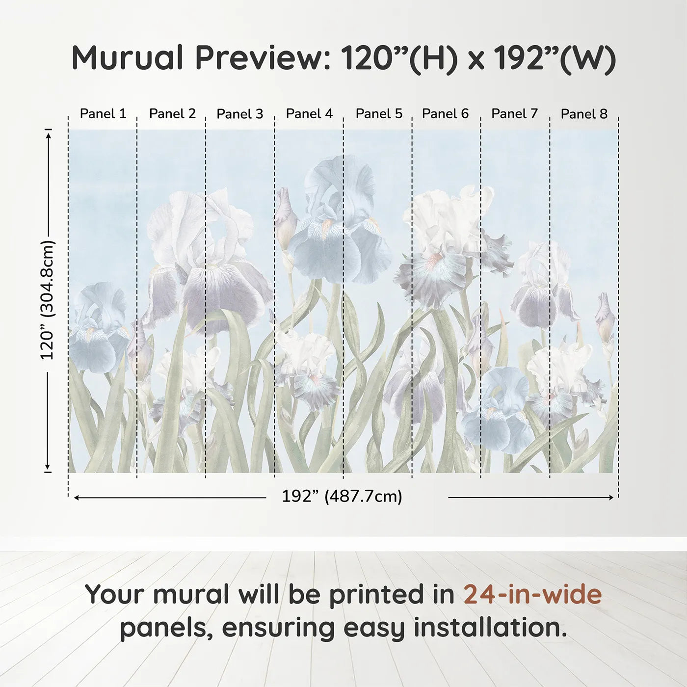 Whimsy Tots Pastel Iris Garden Wall Muraldimension view (120" H x 192" W). Printed in eight 24-inch-wide panels. Gender-Neutral