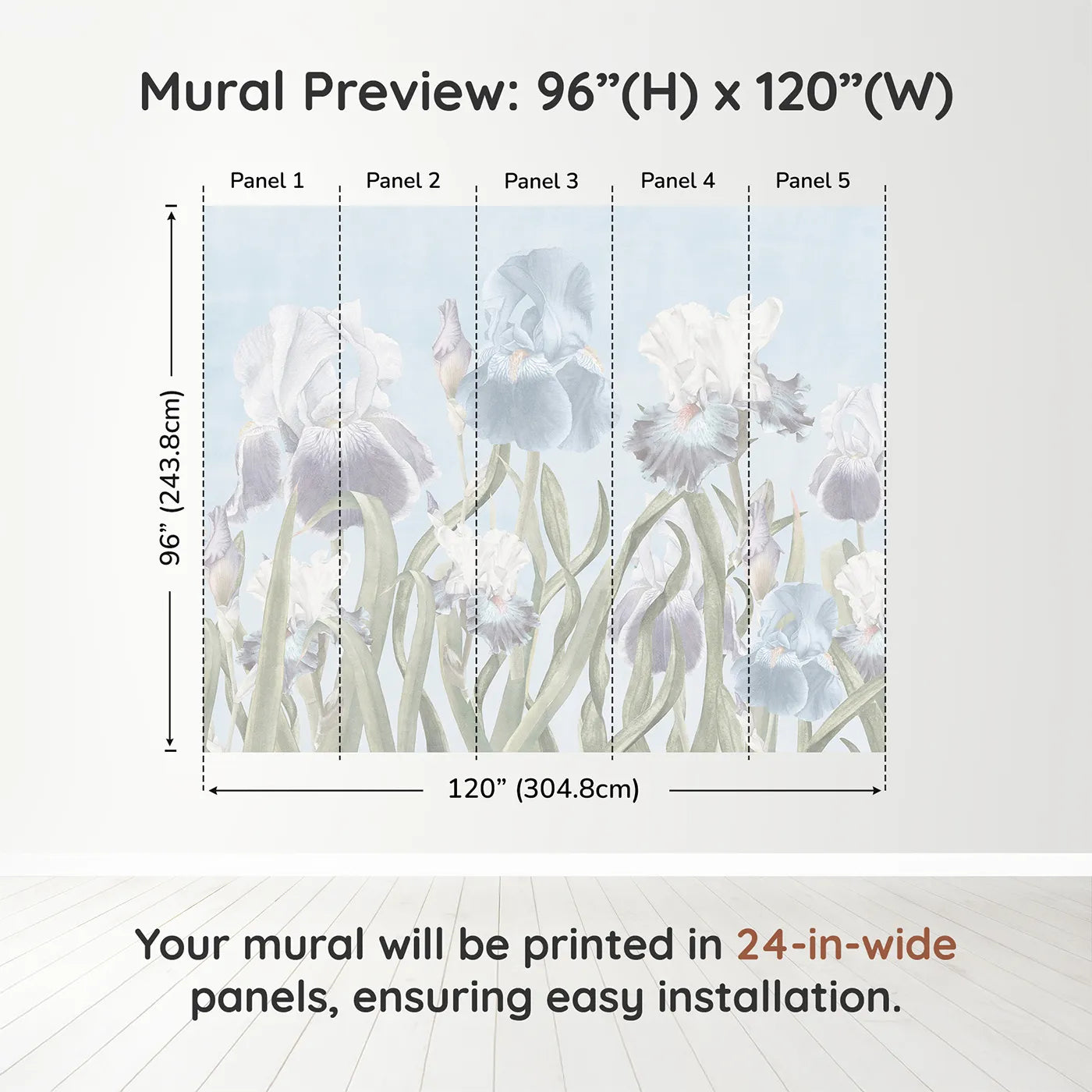 Whimsy Tots Pastel Iris Garden Wall Muraldimension view (96" H x 120" W). Printed in five 24-inch-wide panels. Gender-Neutral