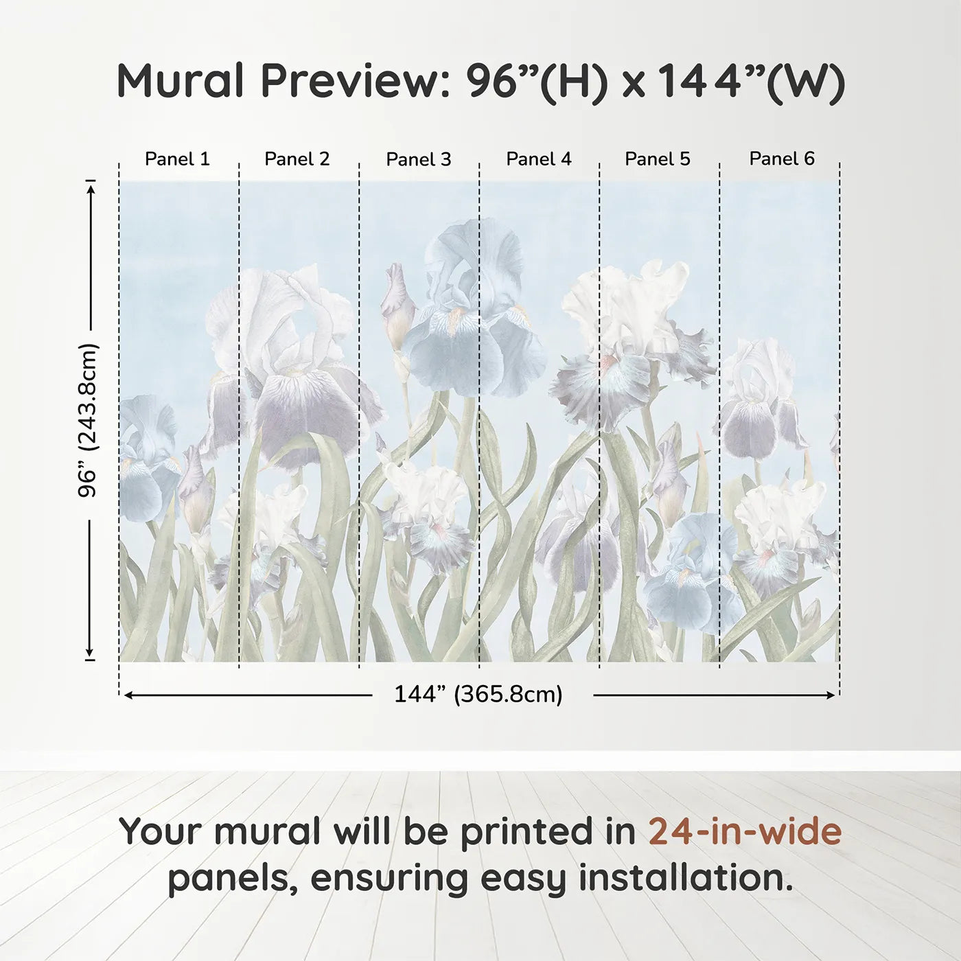 Whimsy Tots Pastel Iris Garden Wall Muraldimension view (96" H x 144" W). Printed in six 24-inch-wide panels. Gender-Neutral