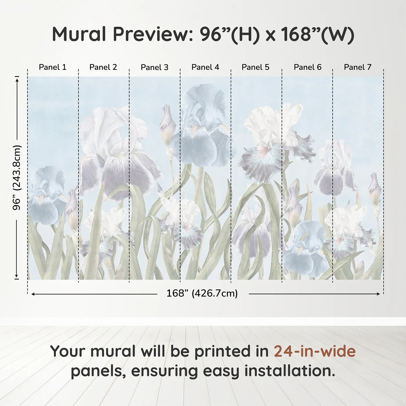 Whimsy Tots Pastel Iris Garden Wall Muraldimension view (96" H x 168" W). Printed in seven 24-inch-wide panels. Gender-Neutral