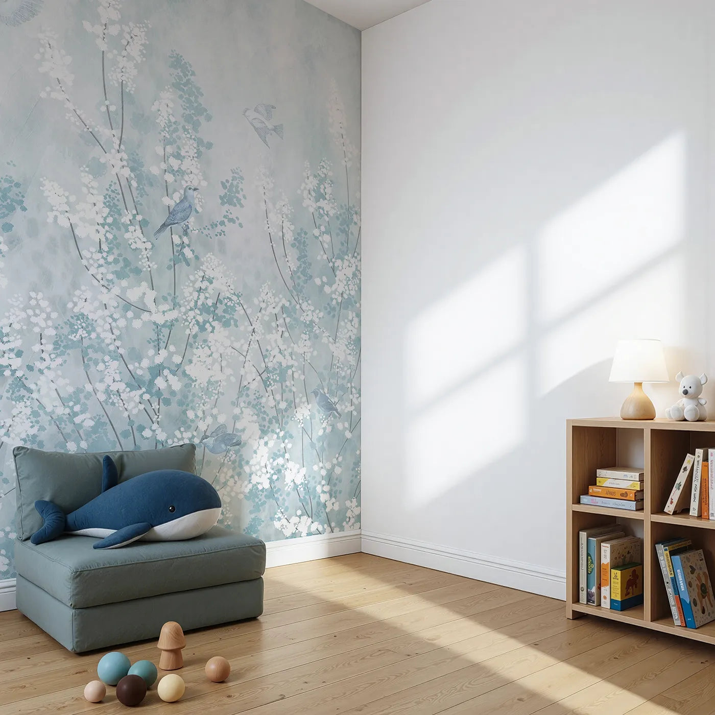 Angled view of Whimsy Tots' Winter Blossom Wall Mural (Turn Their Room into a Magical, Frost-Kissed Meadow).Gender-Neutral