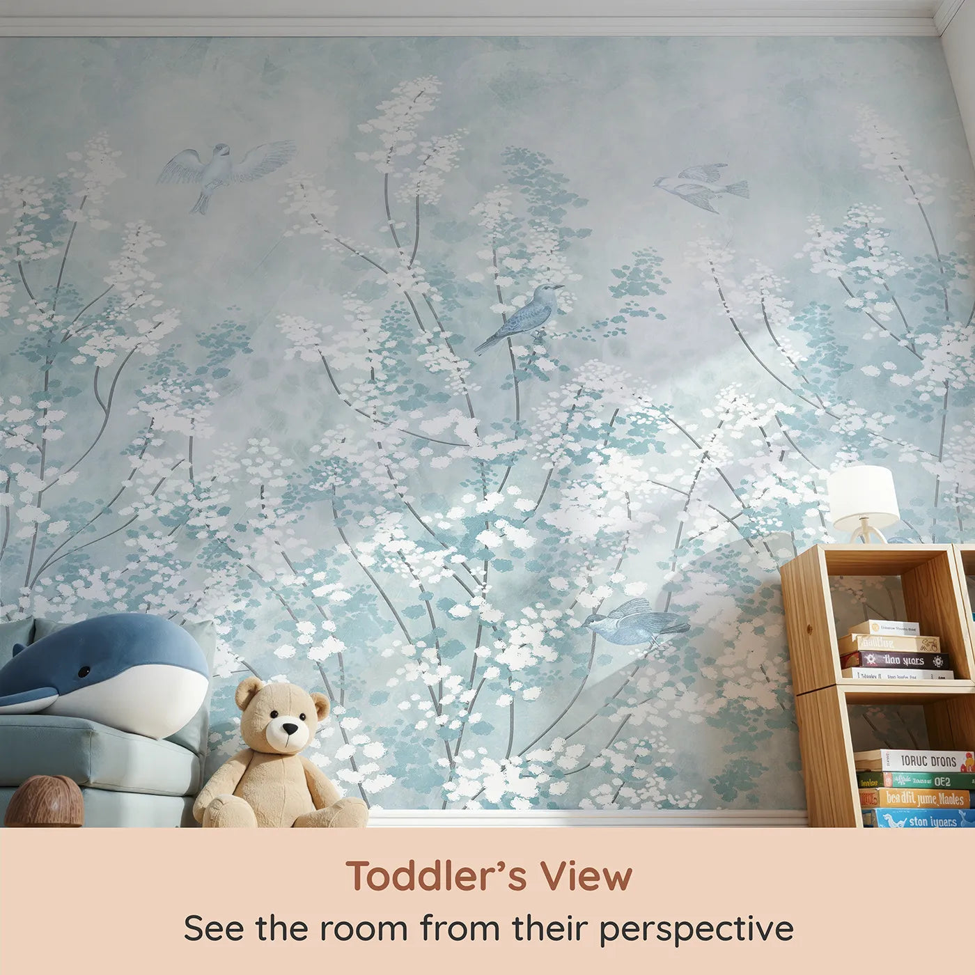 Whimsy Tots Winter Blossom Wall Mural (Turn Their Room into a Magical, Frost-Kissed Meadow) from your child's view.Gender-Neutral