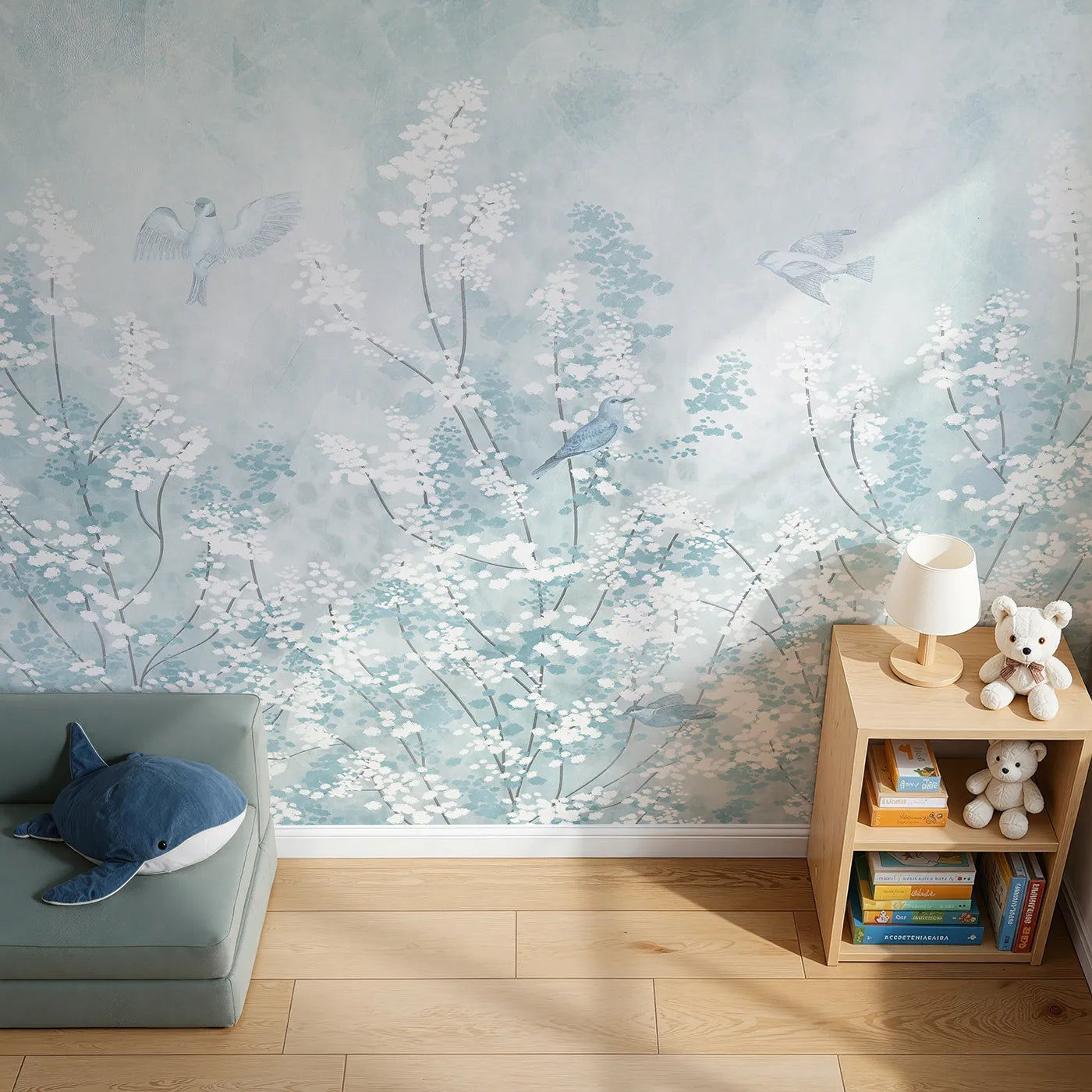 Top-down view of Whimsy Tots' Winter Blossom Wall Mural (Turn Their Room into a Magical, Frost-Kissed Meadow).Gender-Neutral