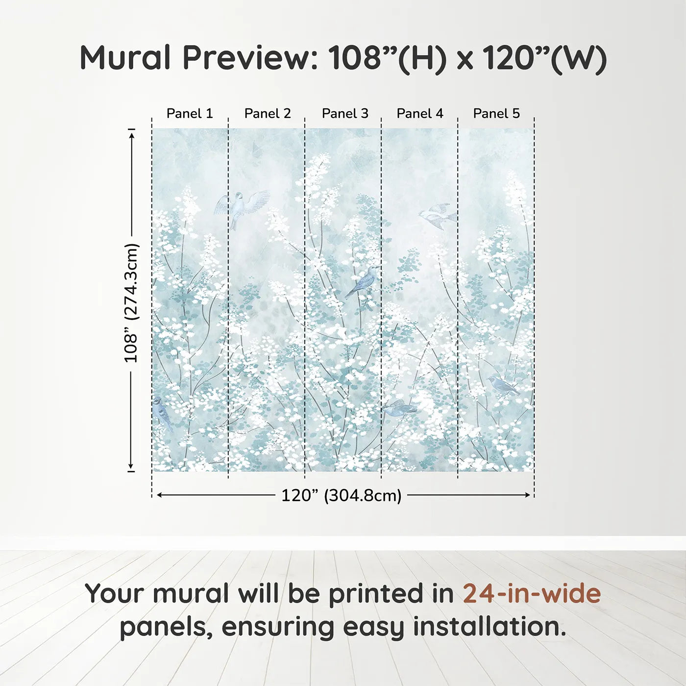Whimsy Tots Winter Blossom Wall Muraldimension view (108" H x 120" W). Printed in five 24-inch-wide panels. Gender-Neutral