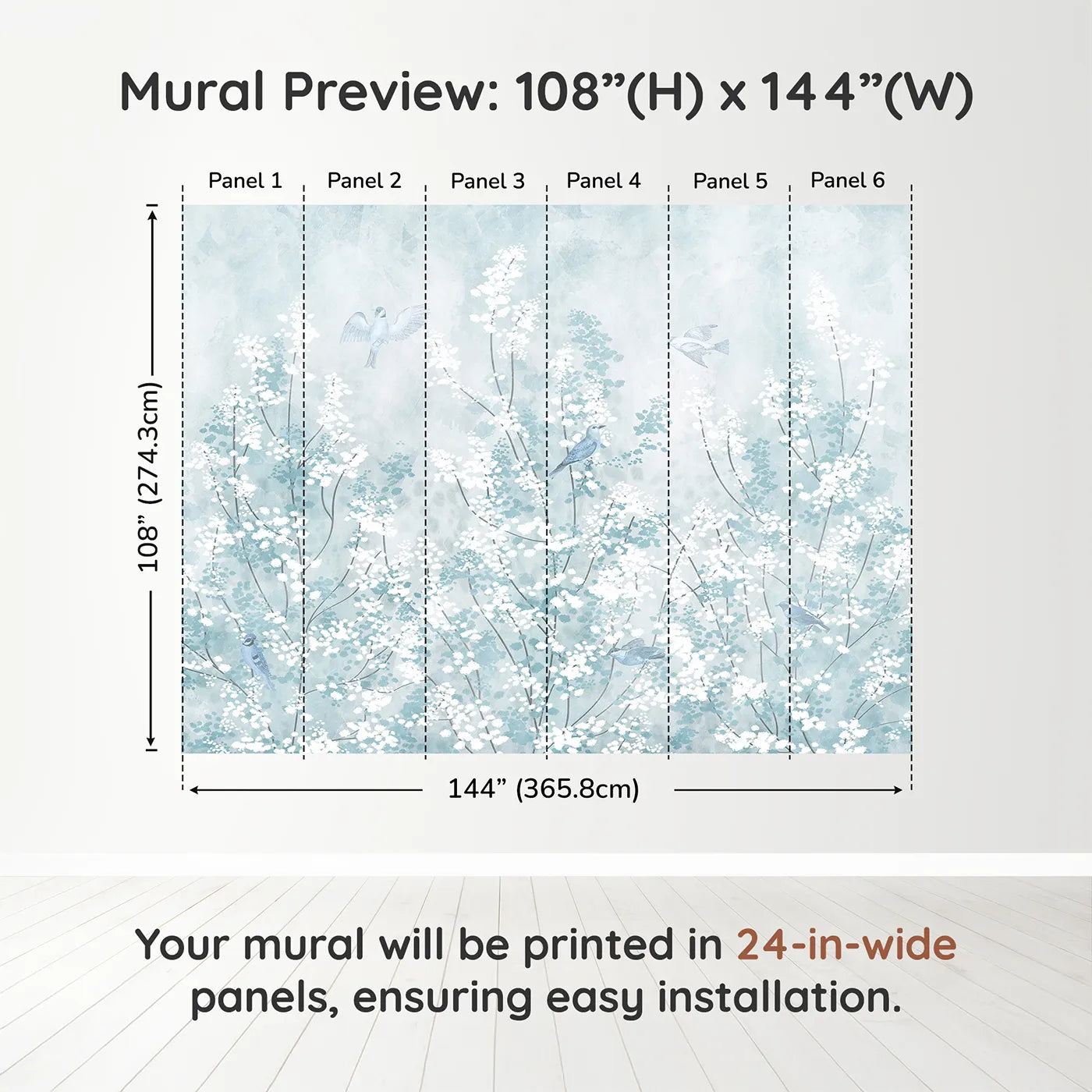 Whimsy Tots Winter Blossom Wall Muraldimension view (108" H x 144" W). Printed in six 24-inch-wide panels. Gender-Neutral