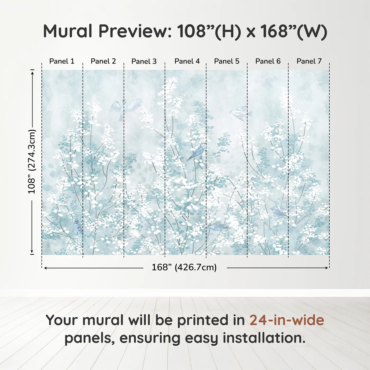Whimsy Tots Winter Blossom Wall Muraldimension view (108" H x 168" W). Printed in seven 24-inch-wide panels. Gender-Neutral