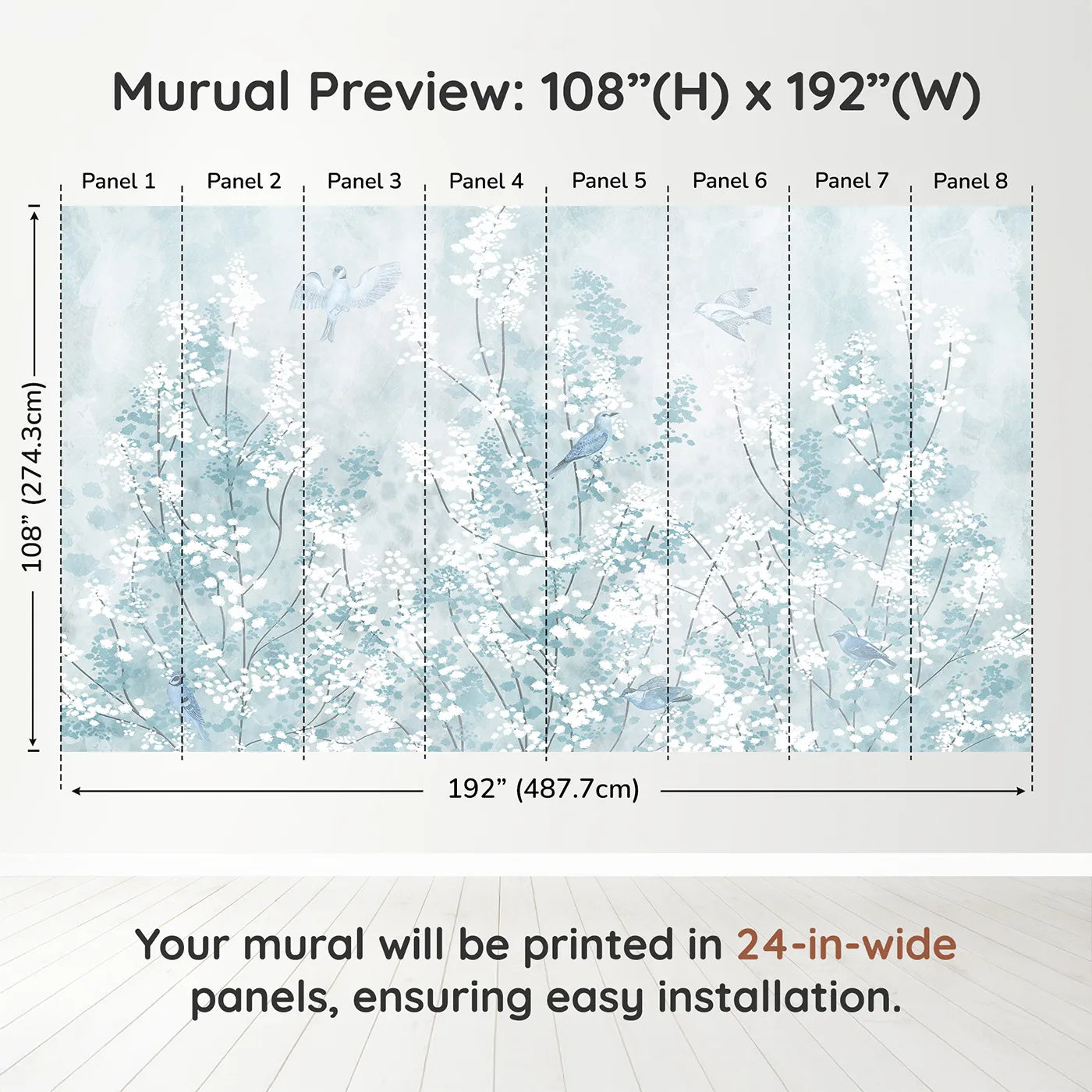 Whimsy Tots Winter Blossom Wall Muraldimension view (108" H x 192" W). Printed in eight 24-inch-wide panels. Gender-Neutral