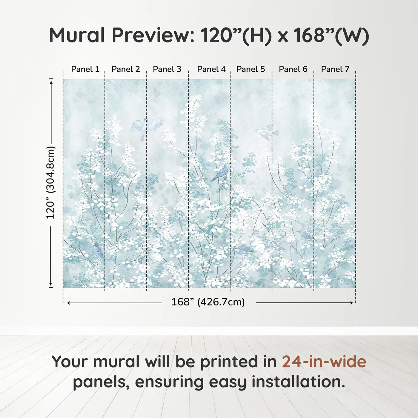 Whimsy Tots Winter Blossom Wall Muraldimension view (120" H x 168" W). Printed in seven 24-inch-wide panels. Gender-Neutral
