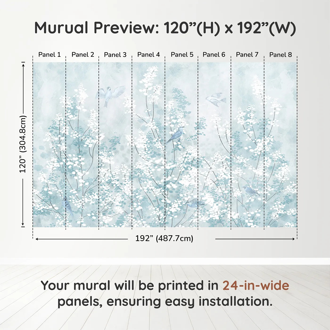 Whimsy Tots Winter Blossom Wall Muraldimension view (120" H x 192" W). Printed in eight 24-inch-wide panels. Gender-Neutral