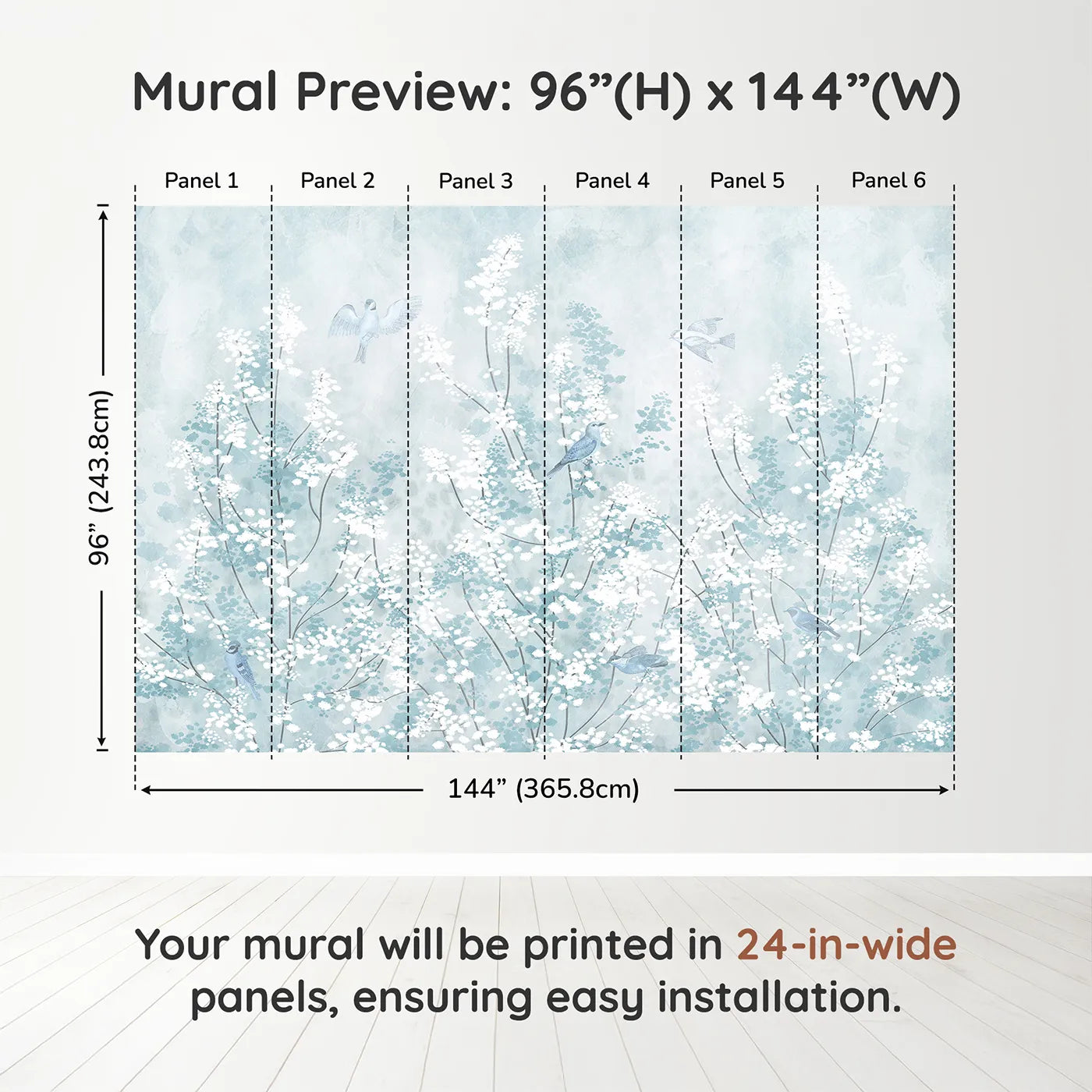 Whimsy Tots Winter Blossom Wall Muraldimension view (96" H x 144" W). Printed in six 24-inch-wide panels. Gender-Neutral