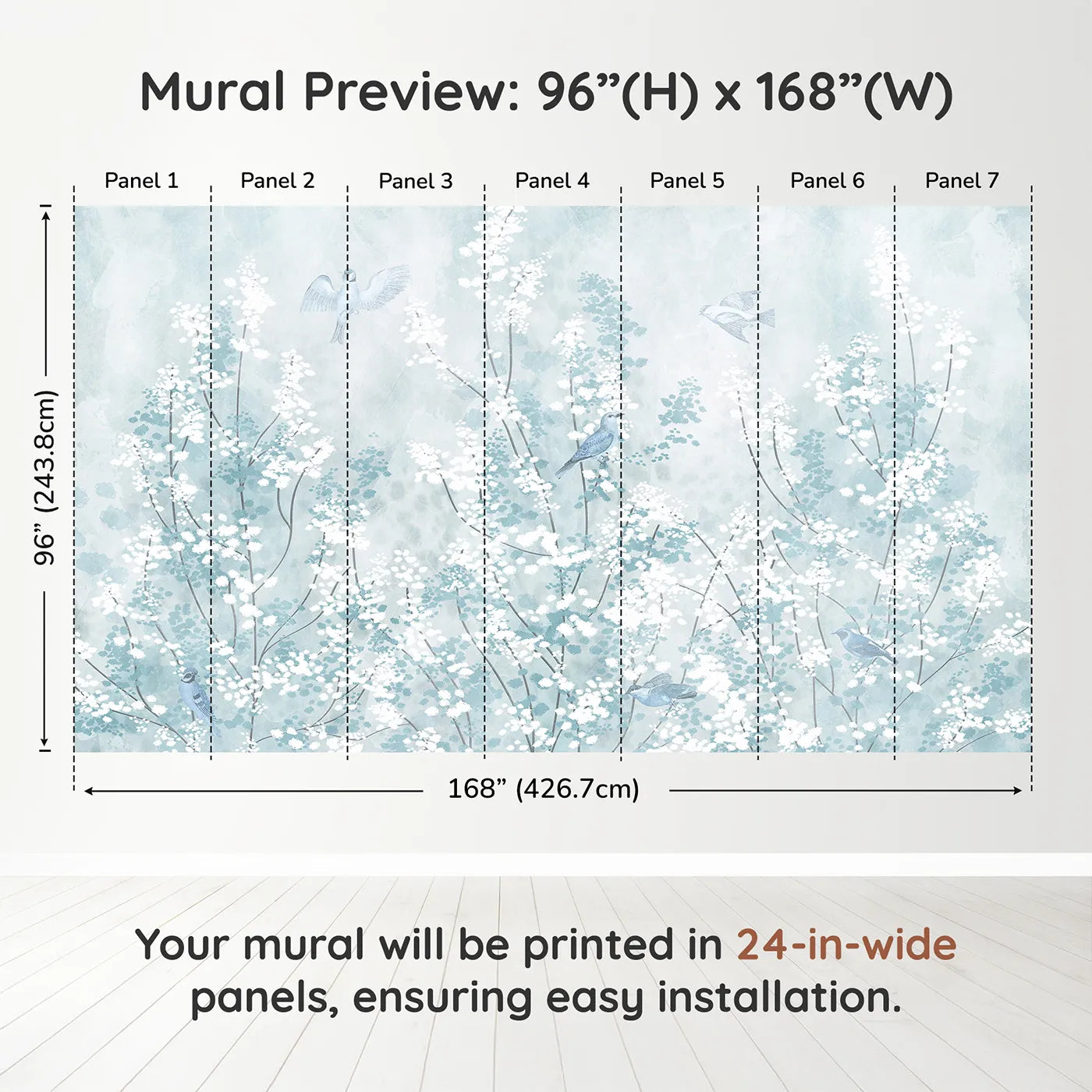 Whimsy Tots Winter Blossom Wall Muraldimension view (96" H x 168" W). Printed in seven 24-inch-wide panels. Gender-Neutral